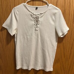 Cream Lace-Up Ribbed Short Sleeve Top